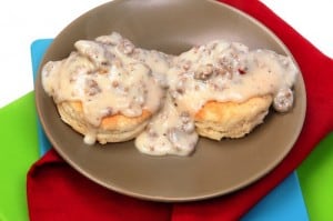 American Southern Style Sausage Biscuits and Gravy in Table Setting