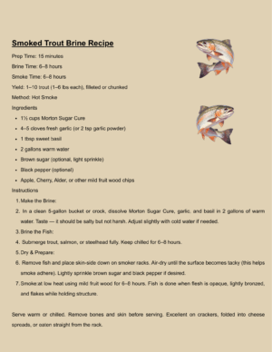 Printable smoked trout brine recipe with ingredients and step-by-step smoking guide