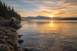 Early morning shoreline fishing at Lake Almanor for trout used in smoked trout recipe