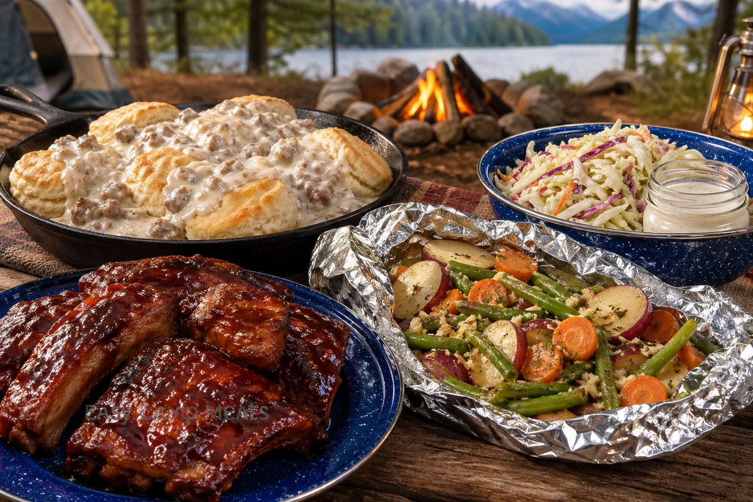 Easy camp meals featured image showing barbecue ribs, foil packet vegetables, biscuits and gravy, and coleslaw served at a rustic lakeside campsite with a campfire in the background.
