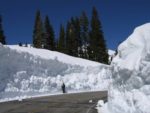 Mt. Lassen Ranger Stands next to Snow drift along road
