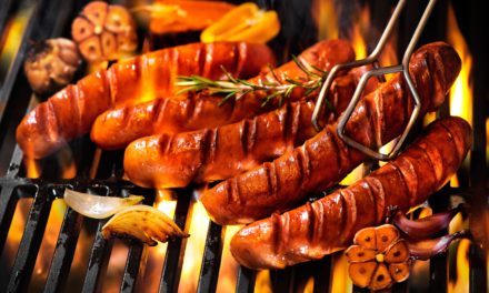Grilled Bratwurst with Spicy Mesquite Peppers and Onions