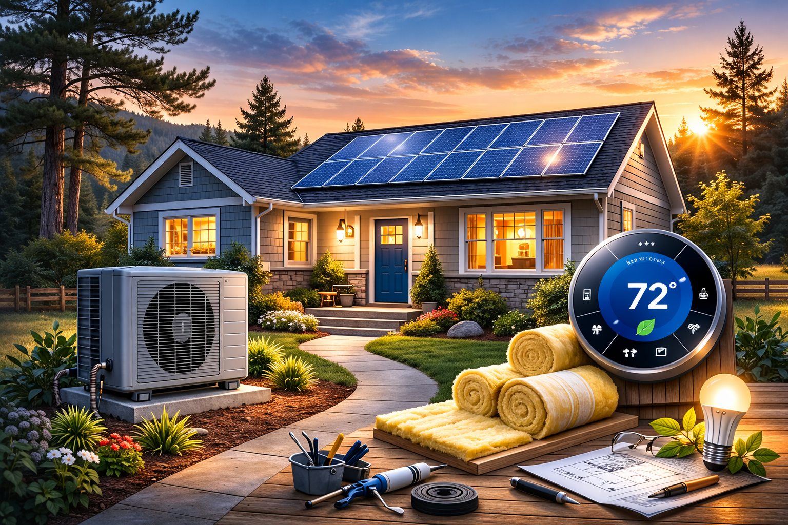 Modern energy-efficient home at sunset with rooftop solar panels, heat pump system, smart thermostat display, and insulation materials illustrating how to increase home energy efficiency.