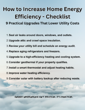 Checklist graphic titled “How to Increase Home Energy Efficiency – 9 Practical Upgrades That Lower Utility Costs,” listing steps like sealing air leaks, upgrading insulation, installing a smart thermostat, and considering solar with battery backup.