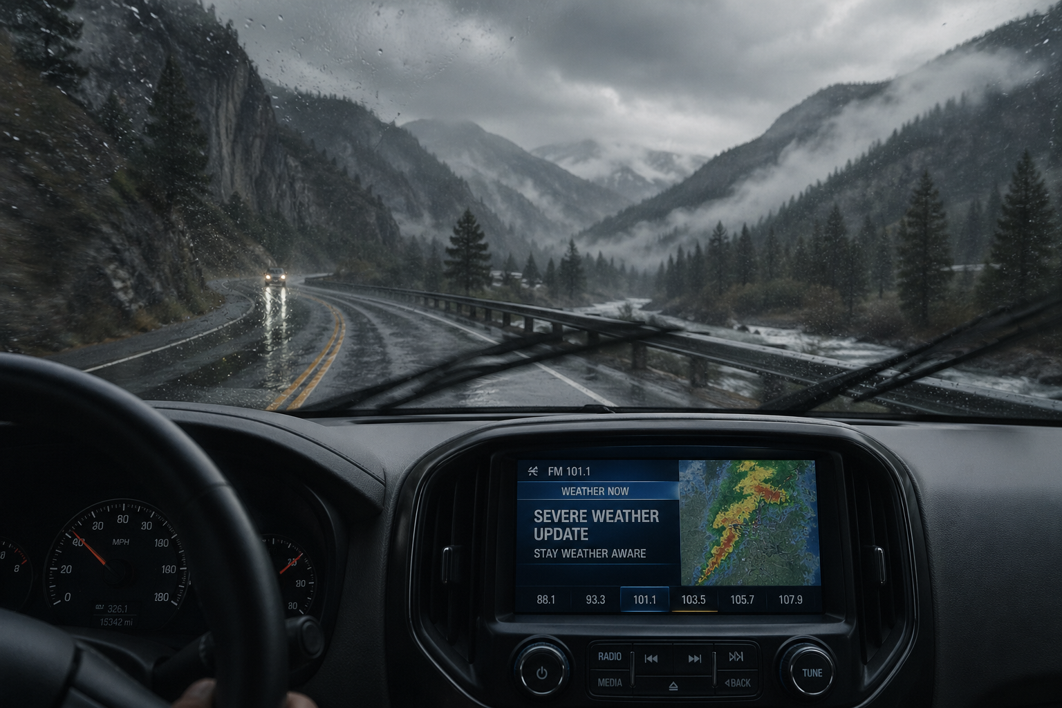 Norcal Weather update displayed on a car radio dashboard while driving through heavy rain and fog on a winding mountain road during inclement weather.