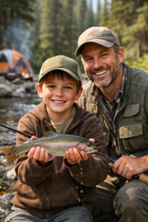 Stream fishing moment with a young boy holding a trout he caught while his father smiles beside him near a mountain creek campsite