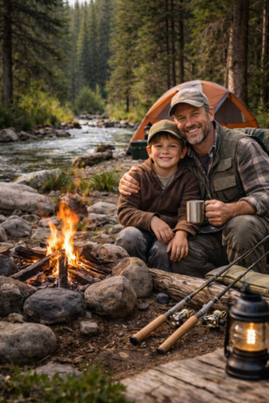 Stream fishing camping scene with a father and son relaxing by a campfire beside a mountain creek with fishing gear and tent nearby