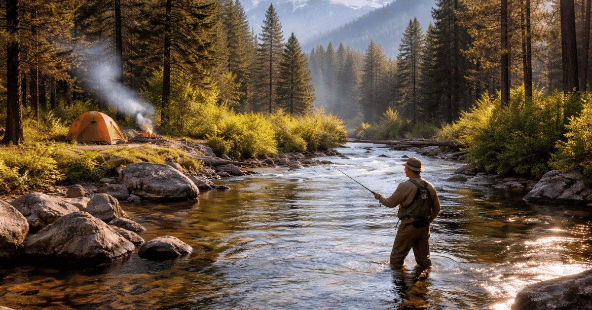 Stream fishing at sunrise in a mountain creek with a single angler and forested landscape